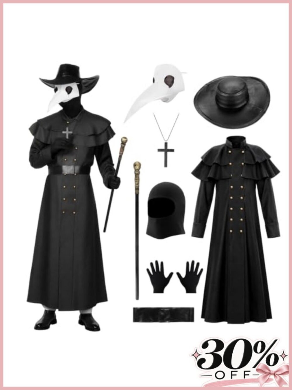 Plague Doctor Costume 8Pcs Medieval Robe Faux Leather Cape Bird Beak Mask